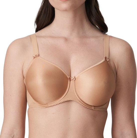 Nude beugelbeha met gladde cups en strikje middenvoor. Gedetailleerde rand langs de cups en bandjes.