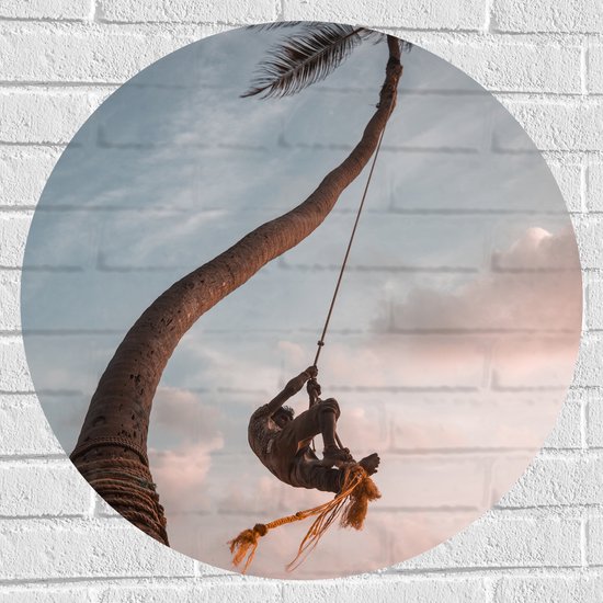 WallClassics - Muursticker Cirkel - Man Slingerend aan Kromme Palmboom - 70x70 cm Foto op Muursticker