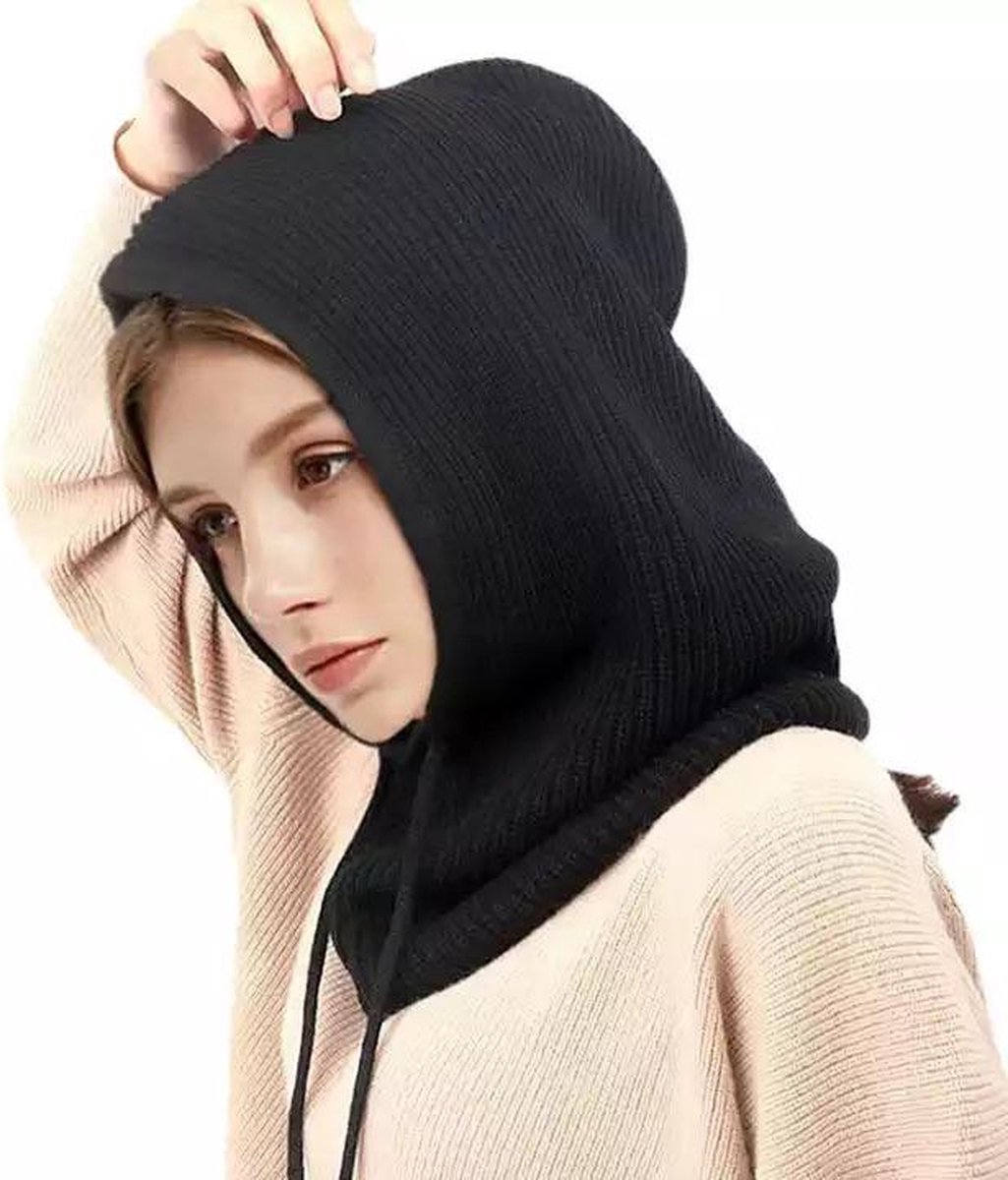 Zwart Balaclava - Winter Beanie Hoed - Kasjmier - Gebreide Hooded Sjaal voor Vrouwen Winddicht Warme Wollen Muts
