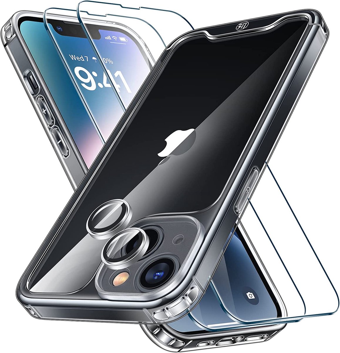 iPhone 14 hoes, [bescherming in militaire kwaliteit] [nooit vergeling] [krasbestendig] telefoonhoes iPhone 14, iPhone 14 case met 2 stuks 9H beschermfolie + 1 set camerabescherming - Crystal Clear