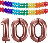 Folie ballonnen - Leeftijd cijfer 100 - brons - 86 cm - en 2x slingers