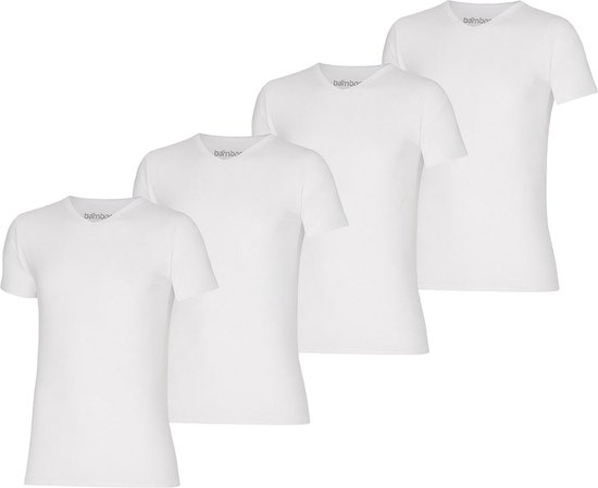 Vier witte bamboe T-shirts met V-hals, een 4-pack.