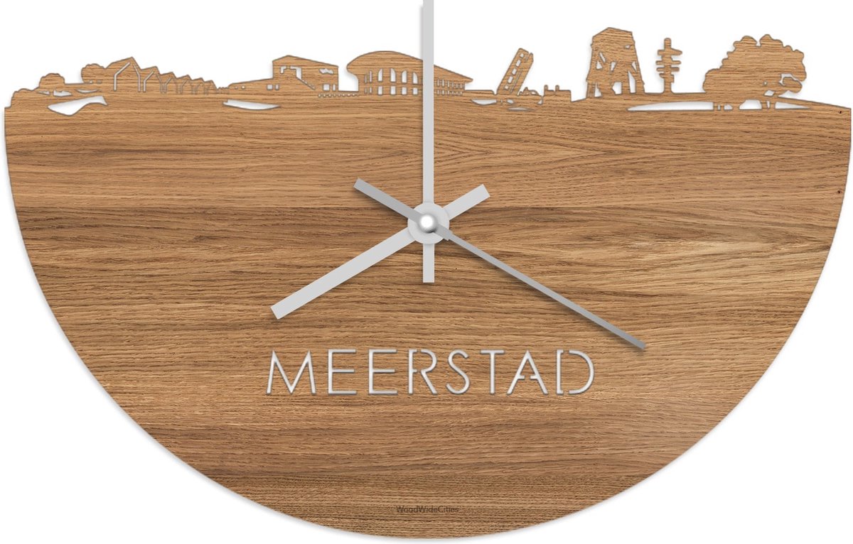 Skyline Klok Meerstad Eikenhout - Ø 40 cm - Stil uurwerk - Wanddecoratie - Meer steden beschikbaar - Woonkamer idee - Woondecoratie - City Art - Steden kunst - Cadeau voor hem - Cadeau voor haar - Jubileum - Trouwerij - Housewarming - WoodWideCities