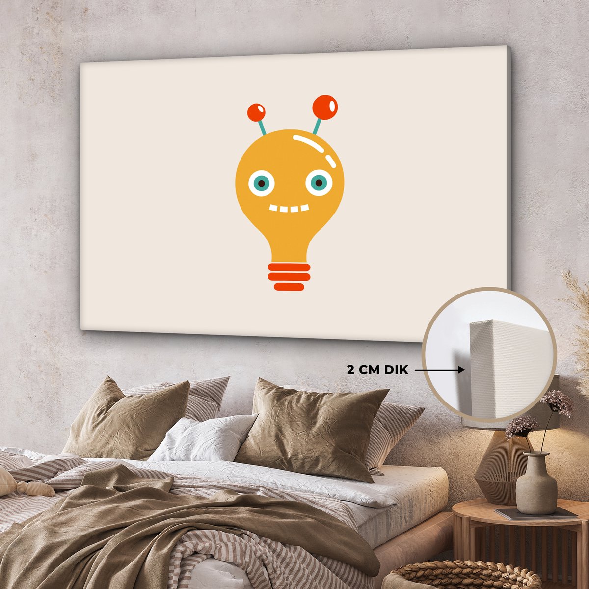 Canvas schilderij 150x100 cm - Wanddecoratie Robot - Gloeilamp - Gezicht - Antenne - Kinde