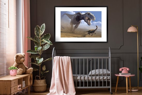 Photo encadrée - Une illustration d'un cadre photo dinosaure de chasse noir avec passe-partout blanc xxl 120x80 cm - Affiche encadrée (Décoration murale salon / chambre)