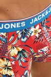 Rode boxershorts met tropische print van bladeren en bloemen en een blauwe band van JACK & JONES.