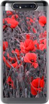 Geschikt voor Samsung Galaxy A80 hoesje - Rode Klaprozen in een zwart wit afbeelding - Siliconen Telefoonhoesje