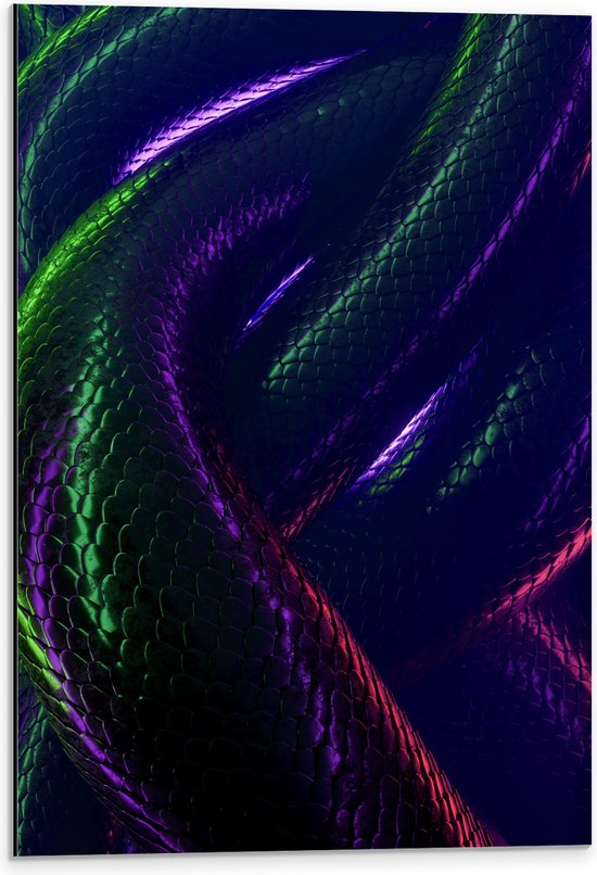 WallClassics - Dibond - Verwikkelende Slangen met Paars en Groene Gloed - 40x60 cm Foto op Aluminium (Met Ophangsysteem)