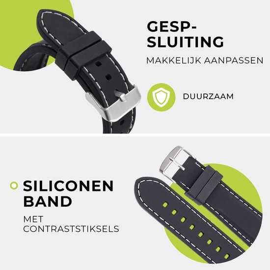 SmartphoneClip® Horlogeband - Siliconen - 22 mm - Zwart met witte stiksels - Horlogebandjes - SmartphoneClip