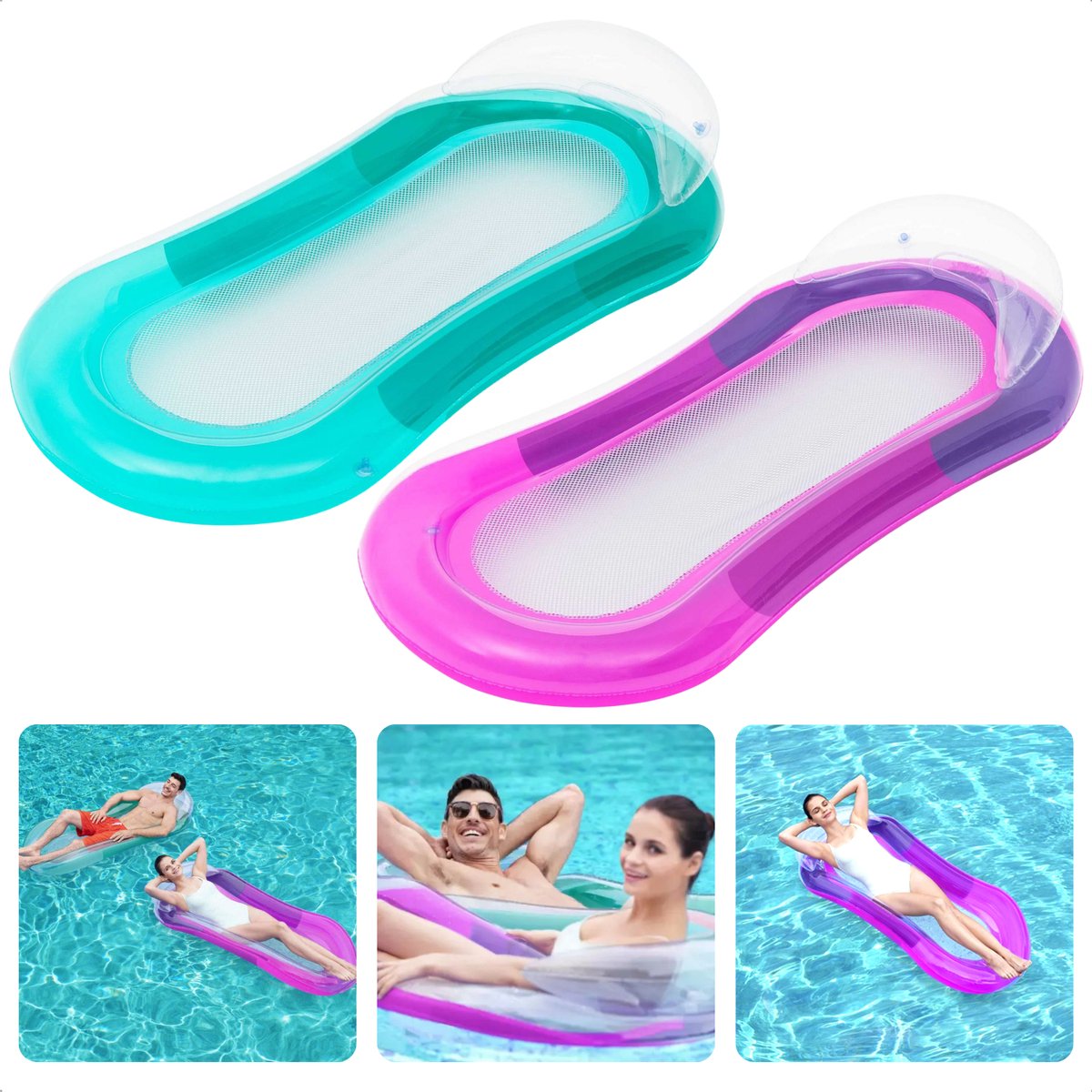 Cheqo® Luchtbed voor Zwembad Opblaasbaar Bed voor Zwembad Loungebed Met Netbodem...