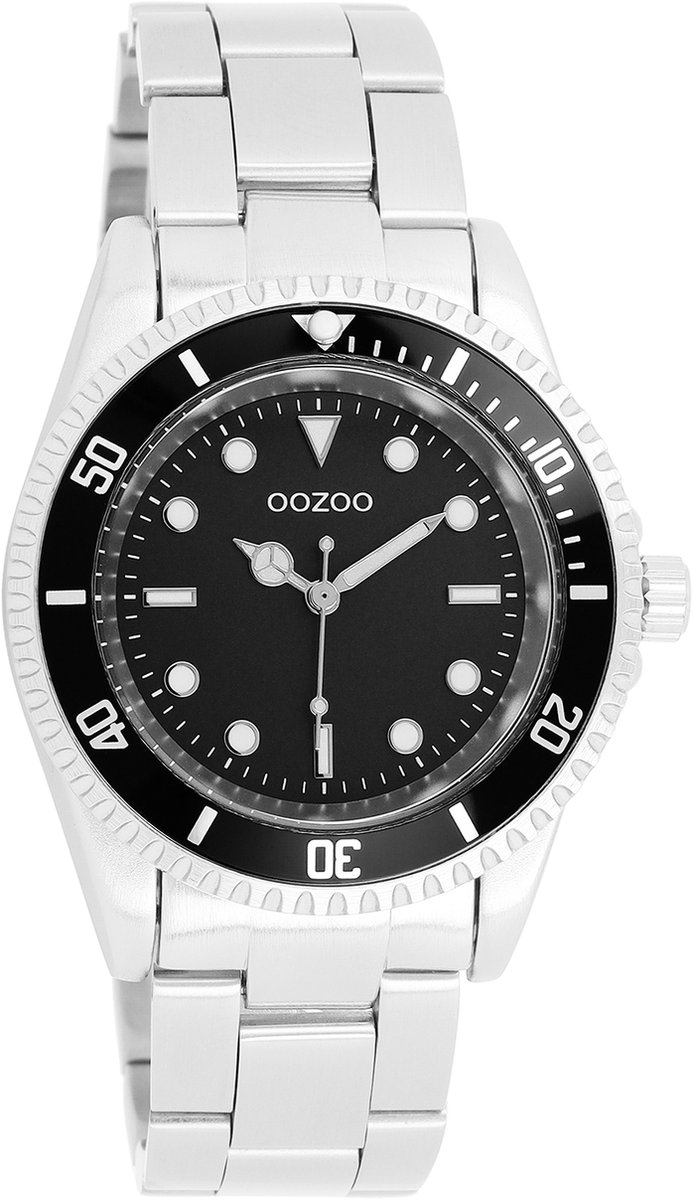 OOZOO Timepieces - Zilverkleurig-zwarte horloge met zilverkleurige roestvrijstalen armband - C11147