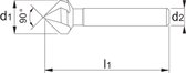 Phantom HSS-E Vari verzinkboor 90°‚ 3 snijkanten‚ TiAlN‚ drievlaks schacht, Ø20,5mm, min/max Ø: 3,5-20,5, l1: 63, d2:10