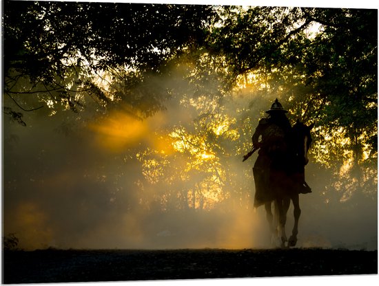 Acrylglas - Cowboy Rijdend in Mistig Bos - 100x75 cm Foto op Acrylglas (Wanddecoratie op Acrylaat)