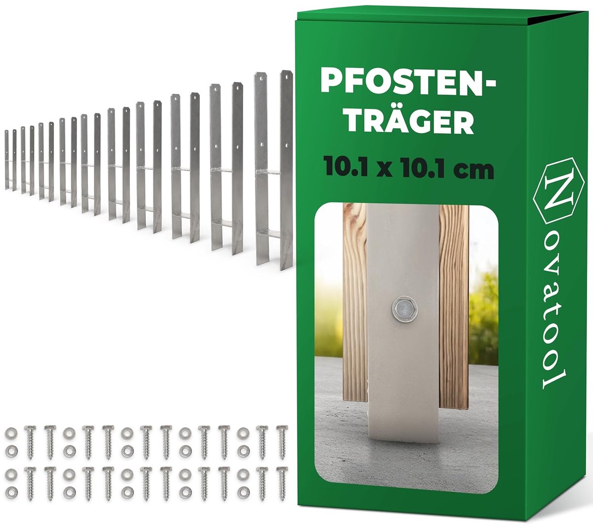 Novatool 10x Grondhulsset H-vorm 101x101x600 mm, Grondhuls Parasolpaalsteunen Hekpaal Houten paal Grondhulzen Inslaghuls Grondpen om in te slaan, Verzinkt, met schroeven