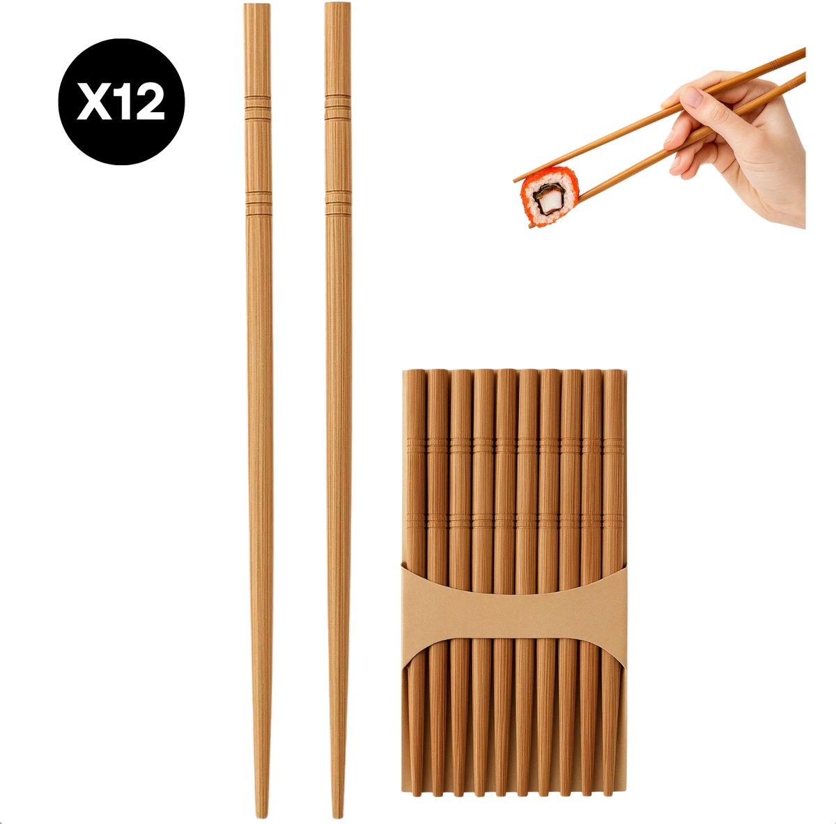 Lomera Bamboe Chopsticks - Sushi Eetstokjes - 12 Paar - Duurzaam Bamboe - Bamboe Hout - Eetstokjes Set - Sushi Stokjes