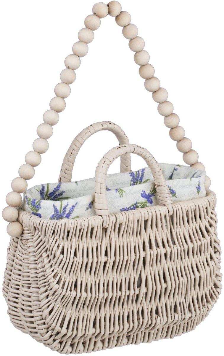 The Wicker Stories - Rieten Handtas Licht Beige – Met Lavendel Rand en Houten Kralen Handvat
