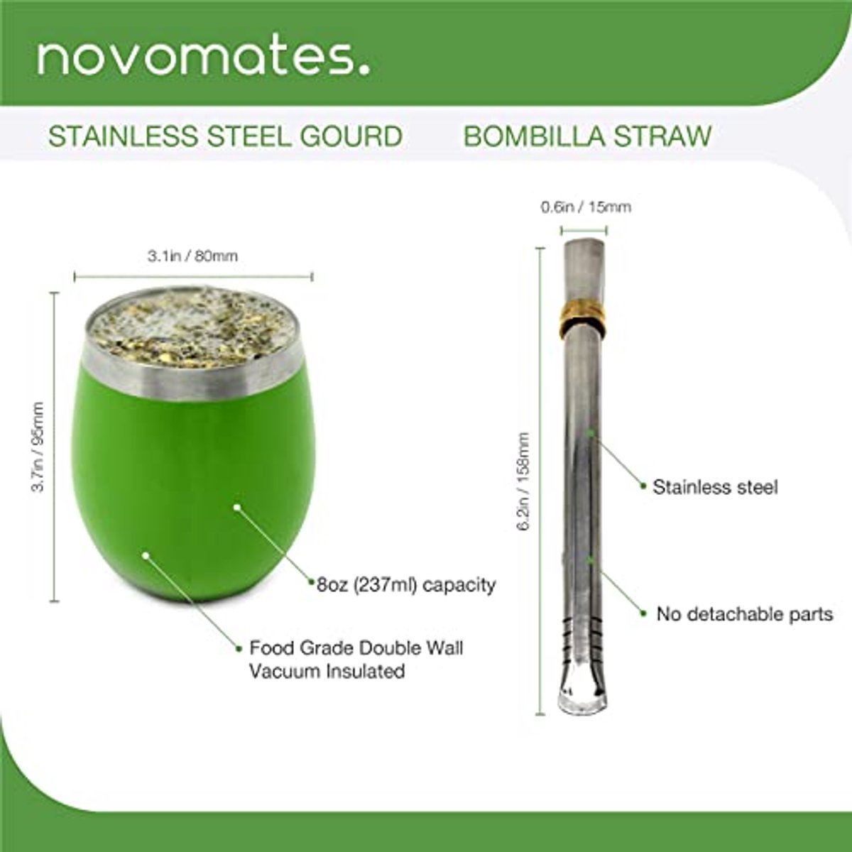 Yerba Mate Gourd Set met RVS Cup en Bombilla - Groen - 237ml