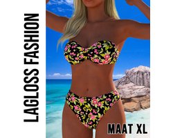 LaGloss® Trendy Strapless Bikini Set – 2-delige Bloemenprint Badmode voor Dames – Strapless Top & Bikini Slip – Maat XL