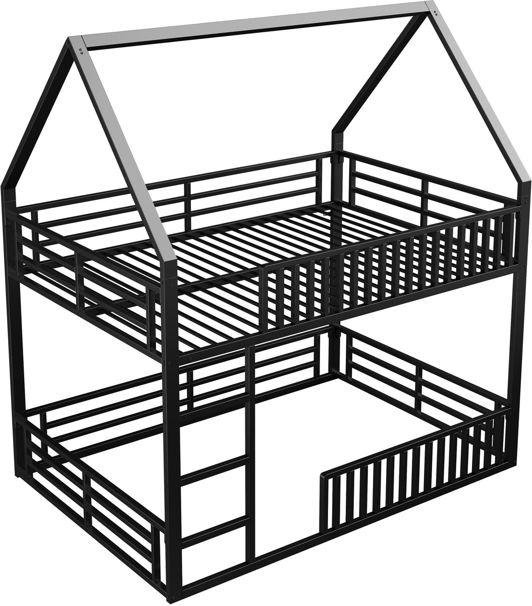 Merax Huisbed Stapelbed 140x200 cm - Met Valbeveiliging - LED Verlichting - Kinderbed van Metaal - Zwart