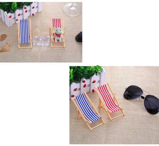 Chaise de plage miniature, chaise longue décorative en bois, support pour téléphone portable, chaise pliante, siège en tissu bleu et blanc