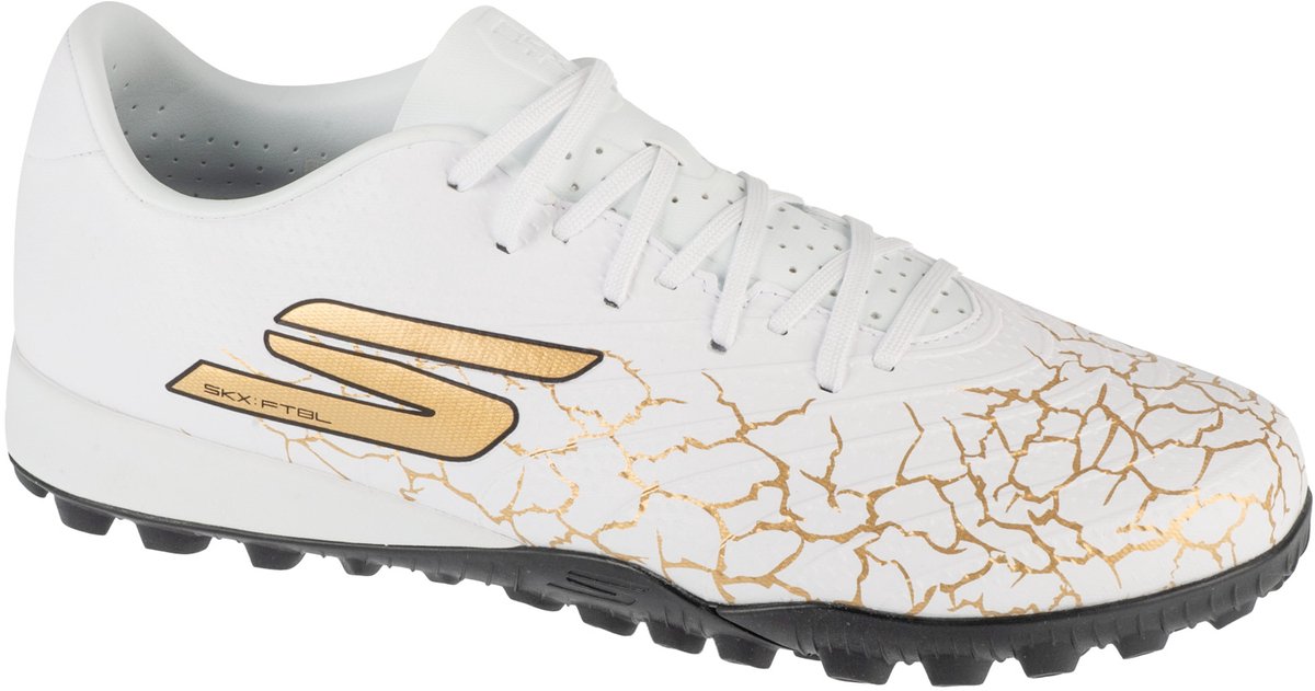 Witte Skechers Skx 1.5 Academy TF voetbalschoen voor mannen, maat 44,5, met gouden details en turfzool.
