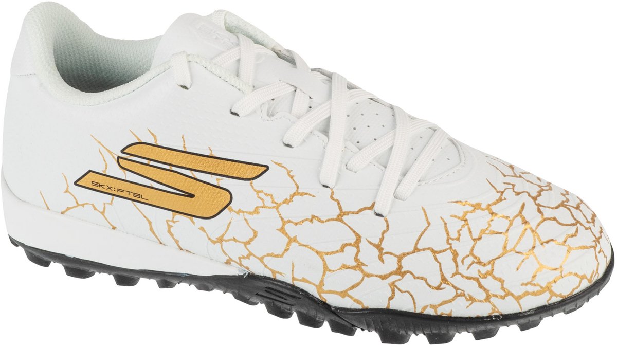 Witte Skechers Skx 1.5 Jr turf voetbalschoenen voor jongens, maat 38, met gouden crackle-design en synthetisch materiaal.