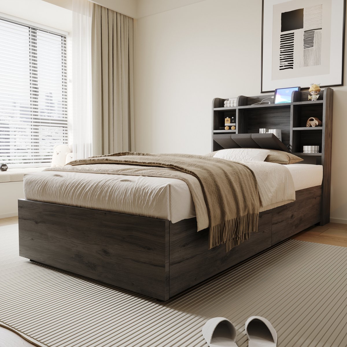 Merax Houten bed 90 x 200 cm - eenpersoonsbed met opbergruimte met USB- en Tape-C-aansluitingen - jeugdbed - grijs - zonder matras