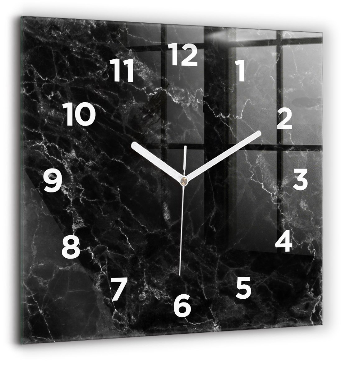 Wallfluent Wandklok - Donker marmer Klok met Afbeelding - 60 cm x 60 cm - Zwart Wandklok - Witte Handen - Wandklok Met Cijfers - Stille Wandklok Slaapkamer - Vierkante Glas Klok - Minimalistisch Wandklok - Klok met Afbeelding