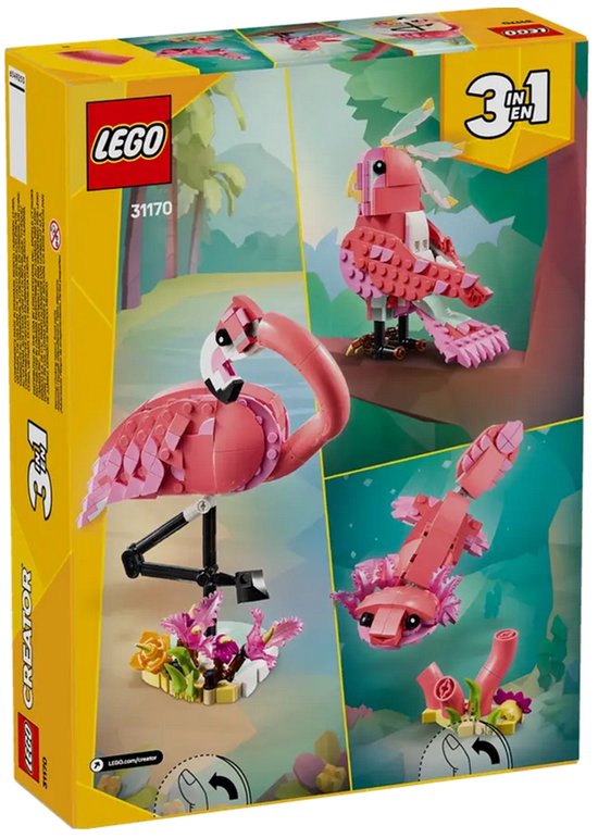 LEGO Creator 3in1 verpakking met roze flamingo, papegaai en zeepaardje.