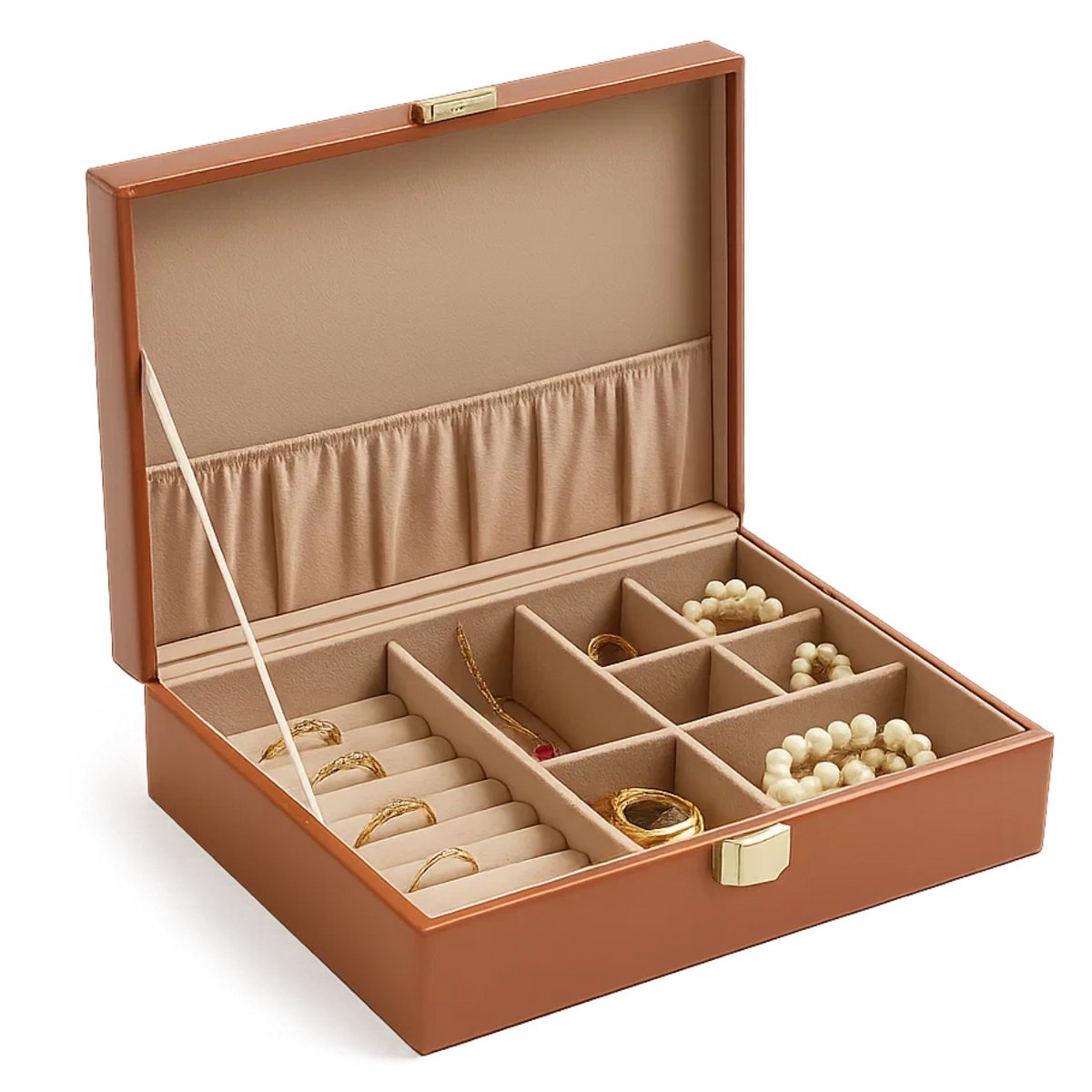 Lomera Sieradendoos Bruin - Juwelendoos - Sieradenhouder - Kunstleer - 7 Compartimenten - Kettinghaakjes - Ringklemmen - Opbergvak Sieraden - Rose-Goudkleurige Sluiting - Luxe Sieradendoos - Sieraden Organizer