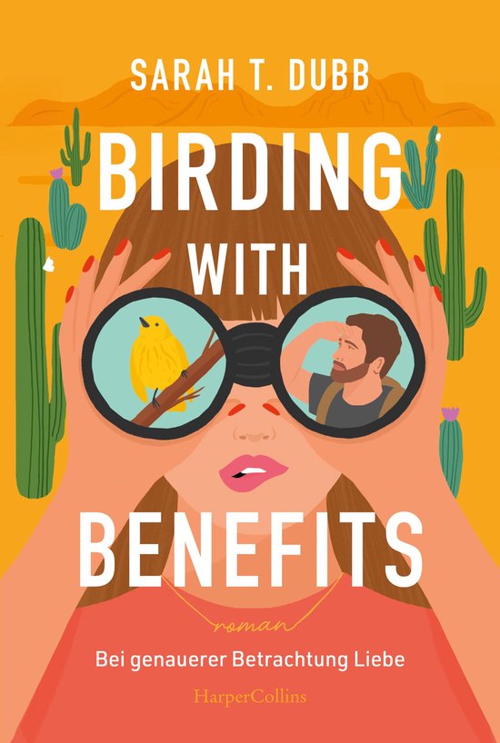 Boekcover met tekst "Birding with Benefits" en "Bei genauerer Betrachtung Liebe". Een vrouw kijkt door een verrekijker met een vogel en een man erin.