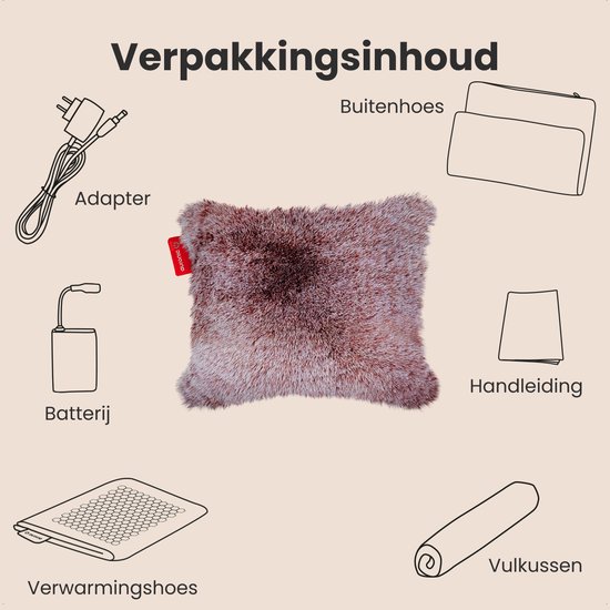 Contenu de l'emballage : coussin chauffant rose, adaptateur, batterie, housse extérieure, insert et manuel.
