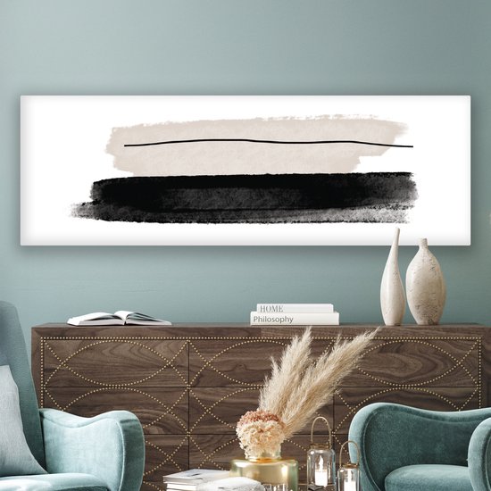 Canvas schilderij 180x60 cm - Wanddecoratie Abstract - Lijnen - Zwart - Beige - Kunst - Muurdecoratie woonkamer - Slaapkamer decoratie - Kamer accessoires - Schilderijen op canvas