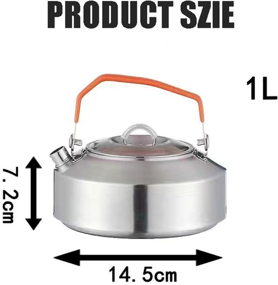Campingketel - Waterkoker van roestvrij staal 304 - Theeketel voor buiten - Waterkoker voor op het fornuis - 1L - Met handvat - Geschikt voor het koken van water, het maken van koffie, het zetten van thee, het verwarmen van melk of koffie - Zilver — afbeelding 2