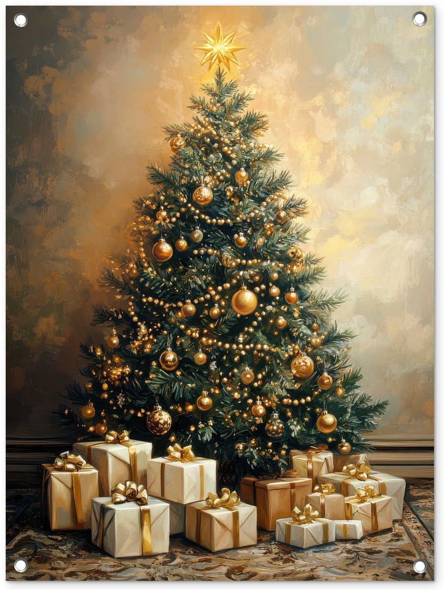 Tuinposter van Kerstboom in goud voor buiten decoratie.