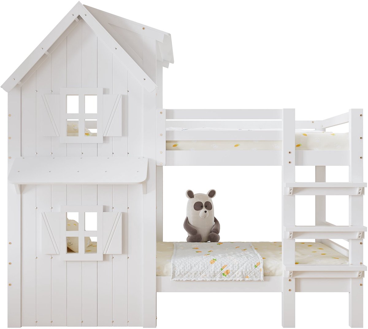 Merax Stapelbed voor Kinderen - Huisvorm Design met Dak en Ramen - Uitvalbeveiliging- Stevig Houten Bed - Wit - 90x200cm
