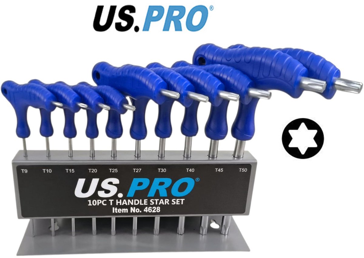 Torx sleutelset met T-handvat in handige gereedschaphouder 10-delig T9 - T10 - T15 - T20 - T25 - T27 - T30 - T40 - T45 en T50