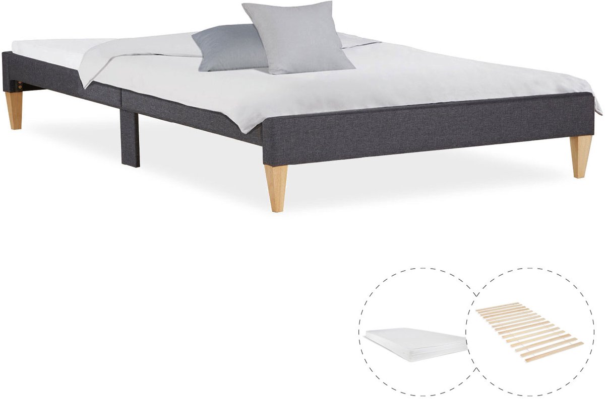 Homestyle4u Eenpersoonsbed - 90x200 cm - Gestoffeerd bed - met matras - Grijs
