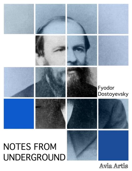 Boekomslag van 'Notes from Underground' met portret van Fyodor Dostoyevsky in mozaïekstijl, blauwe vlakken.