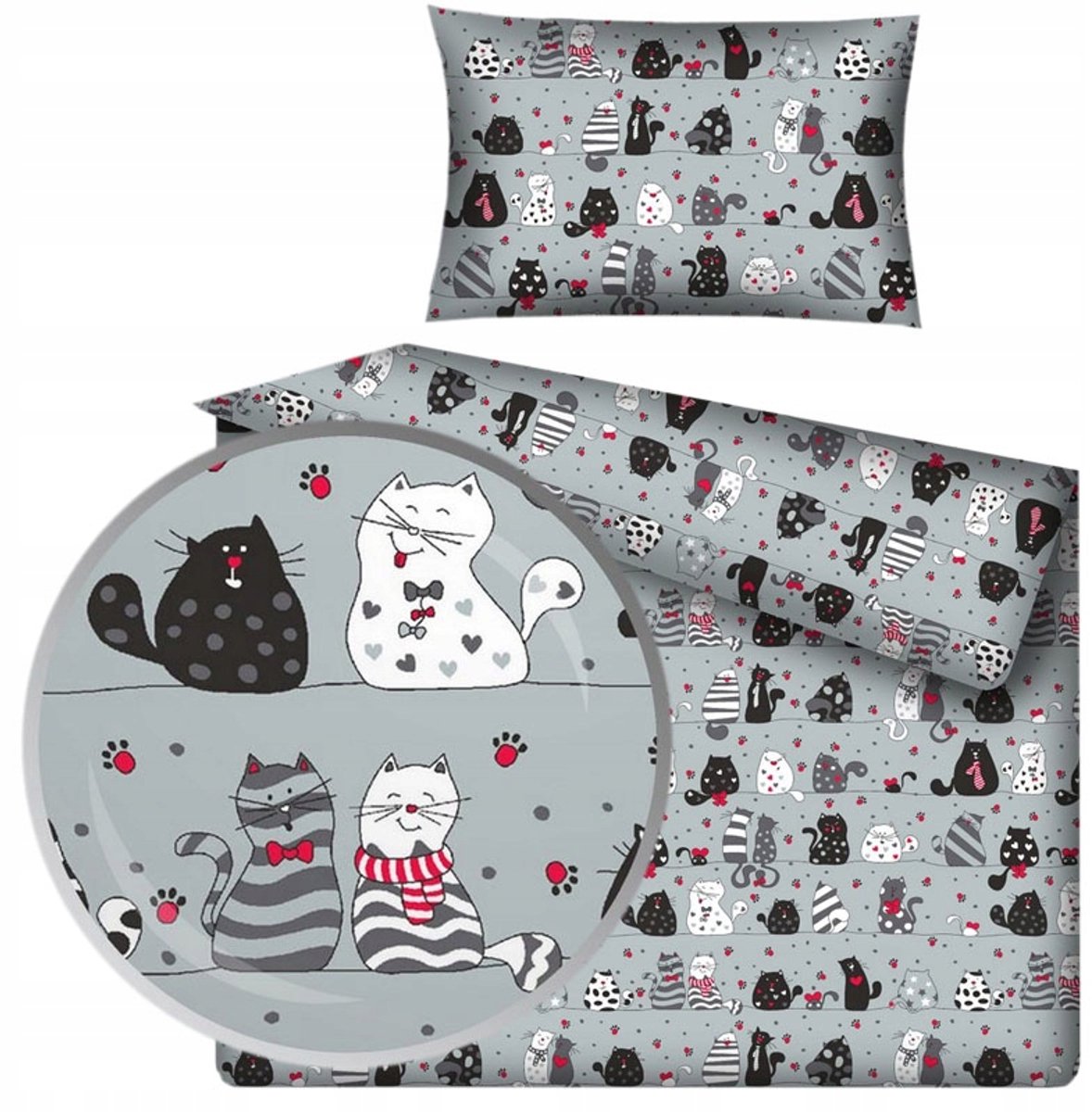 Grijze katonen kinderbeddengoedset met katten 100x135 cm
