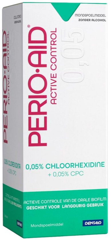 Perio•Aid Active Control mondspoelmiddel met 0,05% chloorhexidine en 0,05% CPC. Kartonnen verpakking.