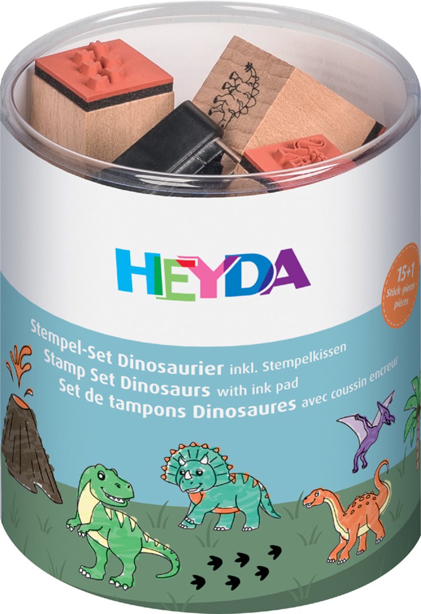HEYDA Stempelset 'Dinosaurus', Transparante ronde doos