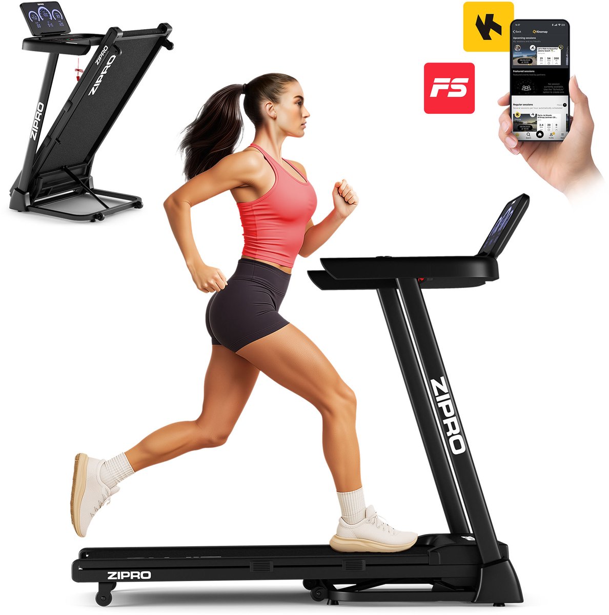 ZIPRO® Luma - Elektrische Loopband 1-12 km/u - Inklapbaar - met Hellingfunctie - Bluetooth - Kinomap en FitShow Apps - Fitness - Hellingshoek Instelbaar - Vermogen 1,25 HP - Groot Loopvlak 115 × 44 cm - Max. 120 kg - Zwart
