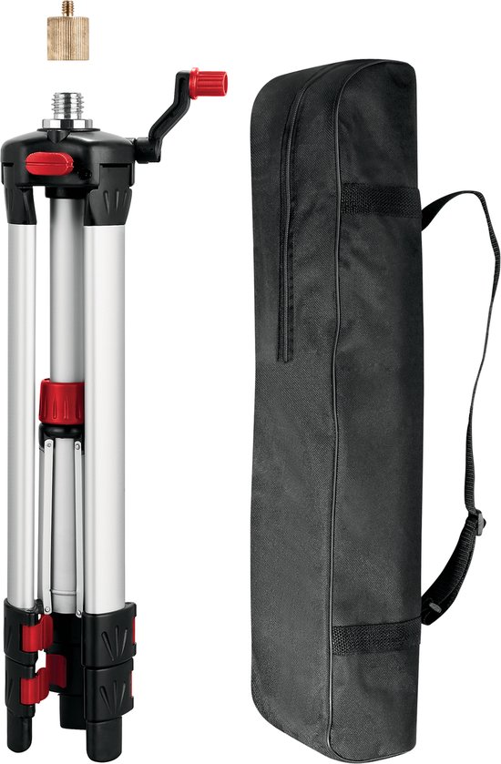 Statief met rode accenten, draagtas en adapter.