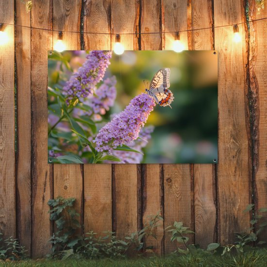 Affiche de jardin 120x80 cm - Décoration de jardin décorative - Papillon - Violet - Fleurs - Affiche pour le jardin - Décoration extérieure - Tableau de jardin clôture - Décoration murale en tissu de jardin - Décoration murale en tissu de balcon