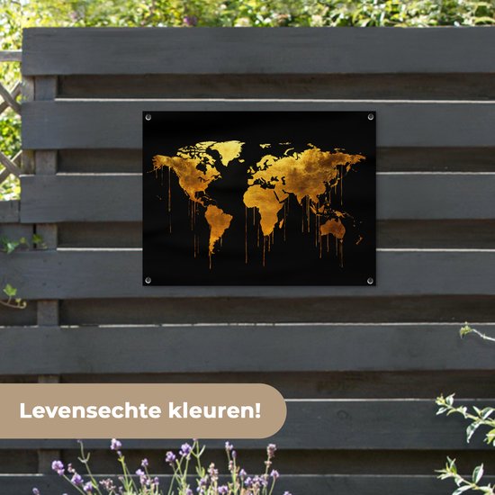 Tuinposter 80x60 cm - Tuindecoratie Wereldkaart - Goud - Druipen - Zwart - Poster voor in de tuin - Buiten decoratie - Schutting tuinschilderij - Tuindoek muurdecoratie - Wanddecoratie balkondoek