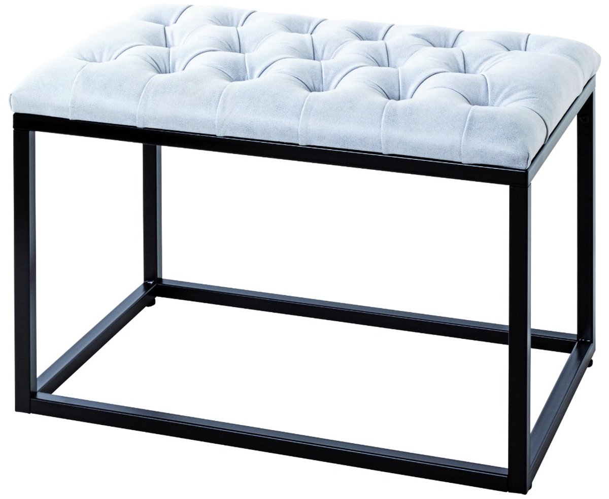 Poef – Gestoffeerde poef met lederlook textielzitting – Zwart stalen buisframe – Grijs zitvlak – Comfortabel industrieel design – 60 x 40 x 45 cm