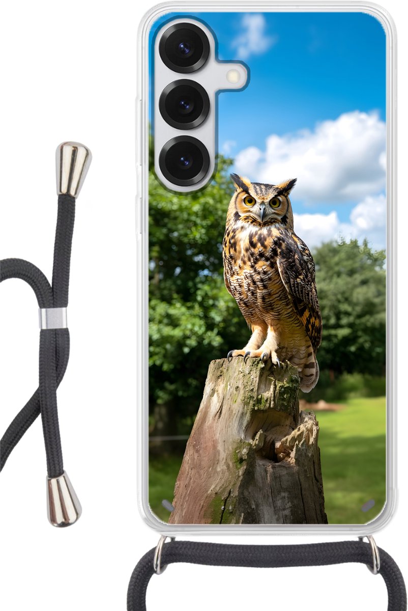 Telefoonhoesje Geschikt voor Samsung Galaxy S25 Plus - Uil - Boomstronk - Bos - Lucht - Siliconen - Crossbody - Backcover met Koord - Telefoonhoesje met koord - Hoesje met touw Telefoonhoesje