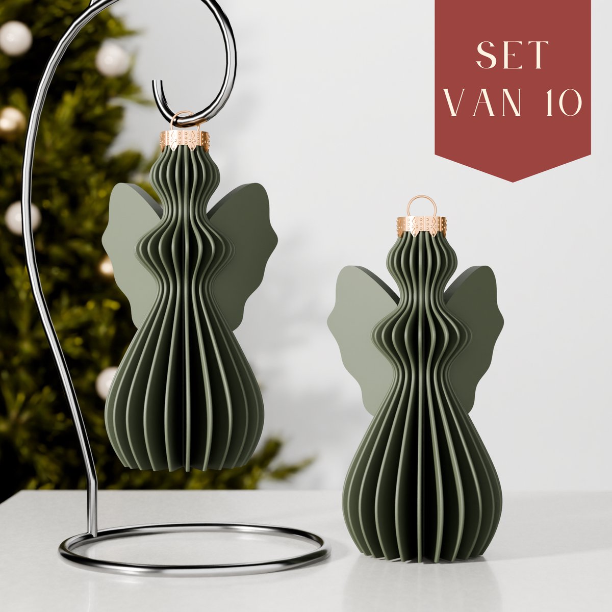 Fleuriek – Luxe kerstbal engel - Groen, 10 stuks - Onbreekbare kunststof kerstornamenten – Engelvormige kerstballen, klassieke kerstversiering, Matte afwerking