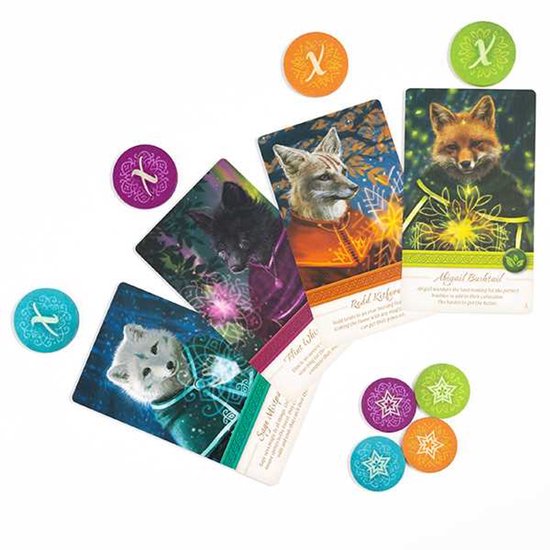 Kaarten van het bordspel Nocturne met vossen en gekleurde fiches.